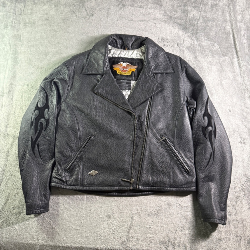 Harley Davidson Leather Motorcycle Jacket Flame Tribal Trim Quilted Lined Largew
